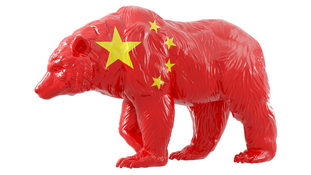 A bear with China flag on transparent background representing China bear stock market. 3d rendering