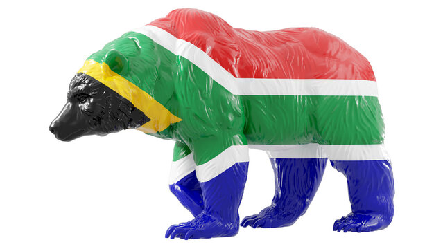 A bear with South Africa flag on transparent background representing South Africa bear stock market. 3d rendering