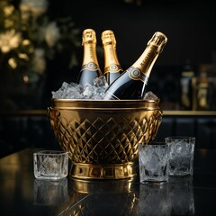 Black bottle champagne with black and gold ice-bucket celebrating holidays. - obrazy, fototapety, plakaty