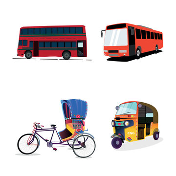 Set of Four Vector Vehicles double-decker, bus, rickshaw, tuk-tuk on white background.