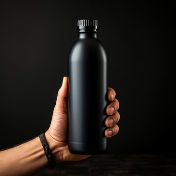 Main masculine tenant une maquette de bouteille noire mate sur fond sombre