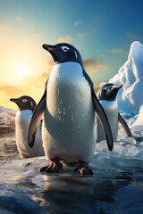 Fototapeta premium Adelie penguins and water Antarctica, diving in the water, AI Generative.