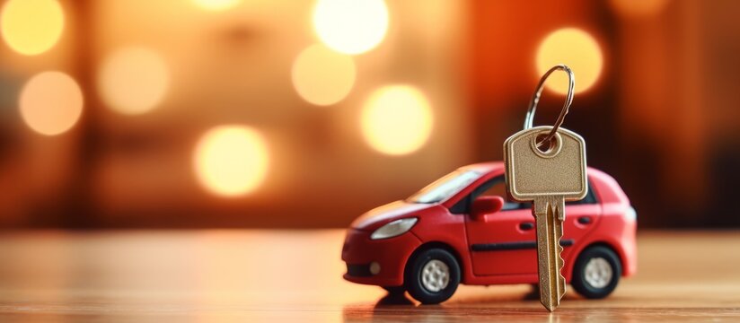 Expensive car dealer business. Automotive industry. Auto dealership office. Little red toy car and key. Minimalistic background with copy space. Generative AI.