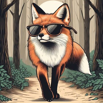 Cooler Fuchs mit Sonnenbrille trottet l&auml;ssig durch den Wald