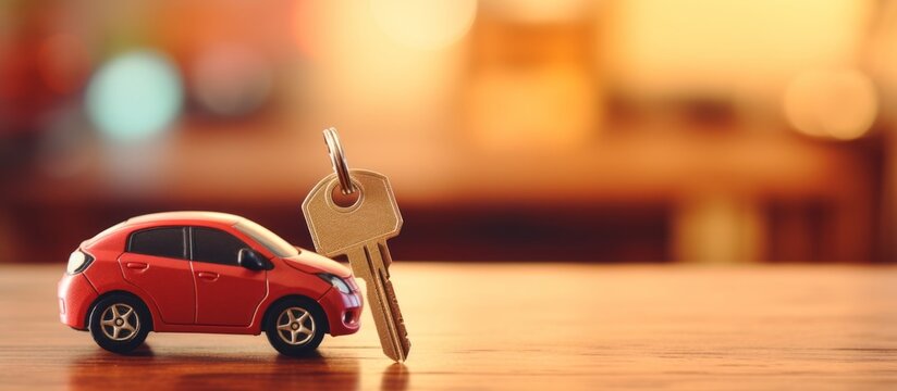 Expensive car dealer business. Automotive industry. Auto dealership office. Little red toy car and key. Minimalistic background with copy space. Generative AI.
