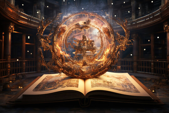 Open book with flying Zodiac signs, astrology magic book, heel of fortune and constellation study for foretell education course, AI generative..