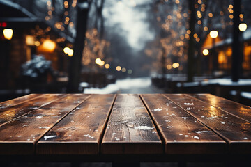 Wooden table and snow forest blurred background. Winter background and empty wooden table. AI