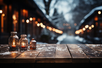 Wooden table and snow forest blurred background. Winter background and empty wooden table. AI - obrazy, fototapety, plakaty