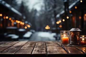 Wooden table and snow forest blurred background. Winter background and empty wooden table. AI
