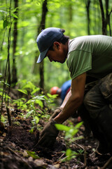 Planting forest trees. Man plants tree saplings in tropical rainforest. Reforestation.