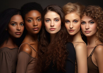 Obraz premium Group portrait of diverse young natural multiethnic and multicultural women.Macro.AI Generative.