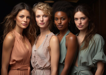 Obraz premium Group of diverse young beautiful women with natural skin.Multiethnic and multicultural natural beauty women.Macro.AI Generative.