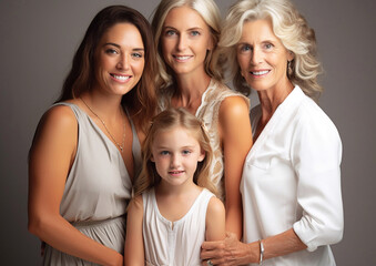 Portrait of four generations happy family of beautiful women portrait in studio.Macro.AI Generative.