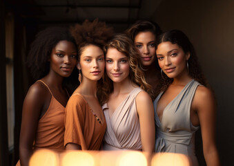 Group of diverse young beautiful women with natural skin.Multiethnic and multicultural natural beauty women.Macro.AI Generative.