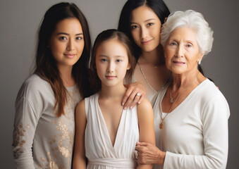 Obraz premium Happy asian women family in four generations in family studio portrait shot.Macro.AI Generative.
