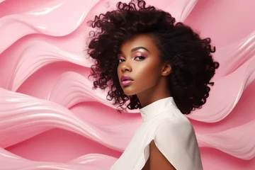 A portrait of a young and beautiful black  woman wearing a white top with natural Afro hairstyle isolated  on a pink background with an abstract texture pattern. Generative AI. © Surachetsh