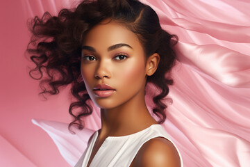 A portrait of a young and beautiful black  woman wearing a white top with natural Afro hairstyle isolated  on a pink background with an abstract texture pattern. Generative AI.