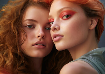 Obraz premium Two beautiful young women with beauty fashion hairstyle and makeup.Macro.AI Generative