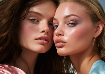 Fototapeta premium Two beautiful young women models with beauty fashion glamorous makeup.Macro.AI Generative