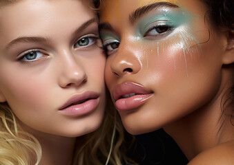 Two beautiful young women models with beauty fashion glamorous makeup.Macro.AI Generative
