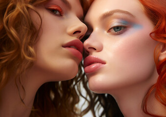 Close up faces of two beautiful young women with beauty makeup.Macro.AI Generative