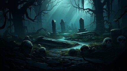 An eerie graveyard shrouded in mist and shadows. Digital concept, illustration painting.