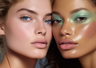 Close up faces of two beautiful young women with beauty makeup.Macro.AI Generative