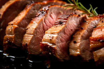 A close up of sliced homemade hot pork tenderloin in a pan with herbs and spices - obrazy, fototapety, plakaty