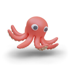 Cute octopus on white background. Cartoon character in pink color. Marine animal concept. Underwater inhabitants on white background. Vector illustration in 3d style