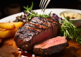 Mignon tenderloin beef steak with fork on plate in fine dining restaurant.Macro.AI Generative.