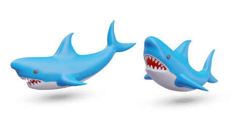 Blue shark with open mouth, view from different sides. Aggressive oceanic, sea creature. Water monster. Dangerous place for swimming. Set of vector isolated color illustrations