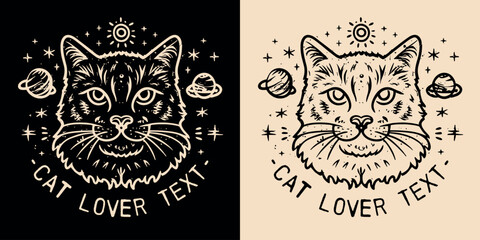 Cat and celestial galaxy elements. Spiritual girl and mystical occult cat lover concept. Enlightened, mystic and witchy kitten portrait drawing. Vector with text space for logo and t-shirt design.