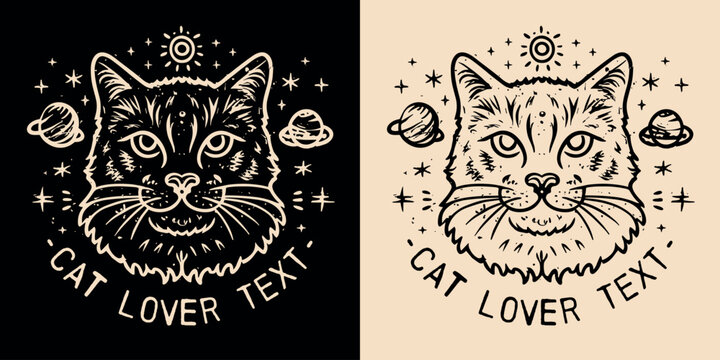 Cat and celestial galaxy elements. Spiritual girl and mystical occult cat lover concept. Enlightened, mystic and witchy kitten portrait drawing. Vector with text space for logo and t-shirt design.