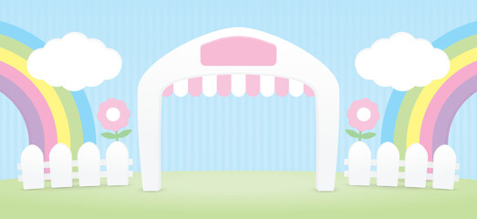 cute kawaii house shape archway with awning and sign on green floor with fence and rainbow scene 3d illustration vector