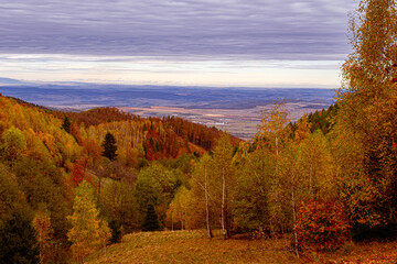 Fototapeta premium beautiful autumn lendscape in the Romanian mountains, Fantanele village area, Sibiu county, Cindrel mountains, Romania
