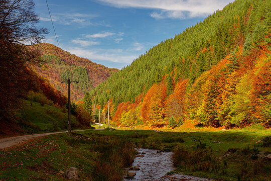 beautiful autumn lendscape in the Romanian mountains, Fantanele village area, Sibiu county, Cindrel mountains, Romania