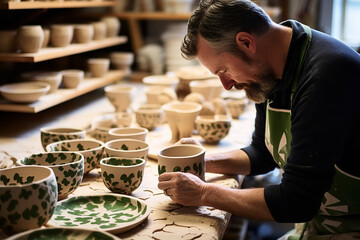 Admire the hands of a skilled artisan meticulously crafting shamrock motifs on delicate clay items in a pottery workshop, surrounded by shelves flaunting St. Patrick's Day inspired masterpieces.