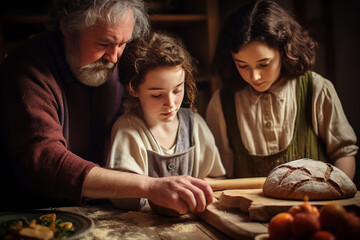 Experience the comfort of a rustic Irish kitchen where the tantalizing aroma of freshly baking soda bread fills the air, and family members come together, engrossed in the heartening bread-making ritu - obrazy, fototapety, plakaty