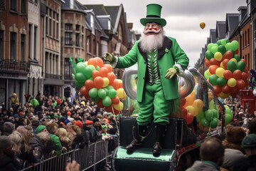 Immerse in Dublin's vibrant St. Patrick's Day parade, marked by flamboyant floats, agile children on stilts, and merry mascots distributing sweets, epitomizing the city's festive heart. - obrazy, fototapety, plakaty
