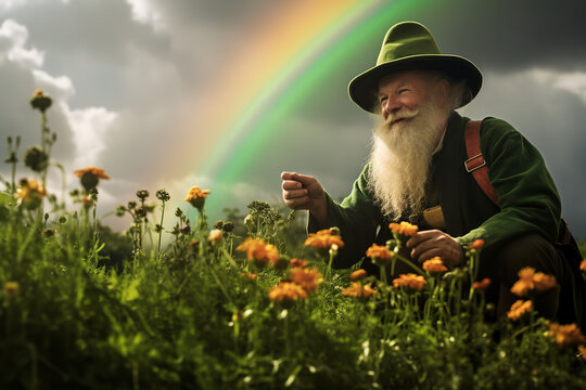 Wander into a mesmerizing Irish countryside where a sly leprechaun, perfectly positioned at a rainbow's end