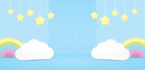 cute kawaii blue backdrop with white cloud and rainbow and star 3d illustration vector