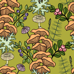Seamless pattern with a print of colorful bouquets of autumn forest plants, berries, mushrooms. Vector illustration for your design.