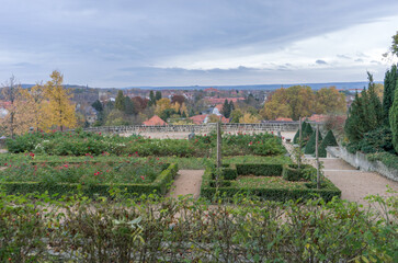 Baroque garden of Quedlinburg Castle and view of the old town