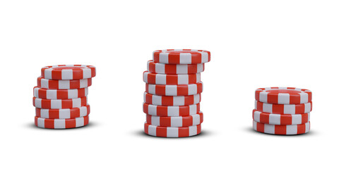 Stacks of red poker chips of different heights. Realistic image with shadow. Vector elements for casino web design. Bets of different value. Online winnings
