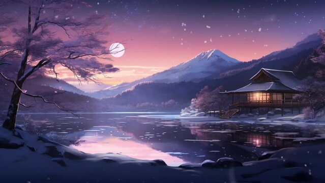 Anime style Cozy Winter Lake with mountains at sunset and Falling Snow. Vtuber Background. seamless looping time-lapse virtual 4k video animation background. Generated with AI