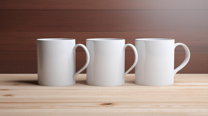 Fototapeta na wymiar Three White Mugs Mockup Against the Background of Blurred Lights. Empty mug mock up for brand promotion.