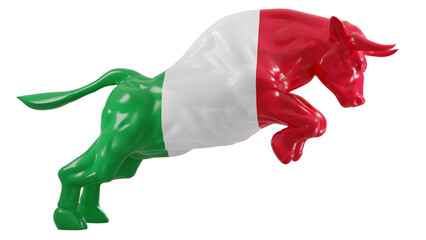 A charging bull with Italy flag on transparent background representing Italy bull stock market. 3d rendering