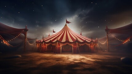 Old scary circus tent on space background, vintage style with a red and white striped top. Mistery atmosphere - obrazy, fototapety, plakaty