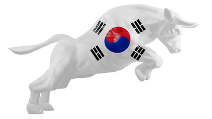 A charging bull with South Korea flag on transparent background representing South Korea bull stock market. 3d rendering