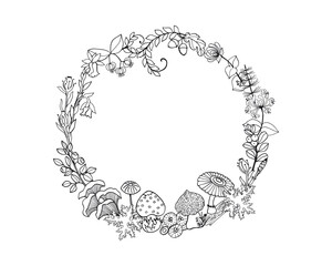 Decorative template from a round frame with a wreath ornament of forest plants, mushrooms, berries and flowers. Vector image with black outline and white fill.